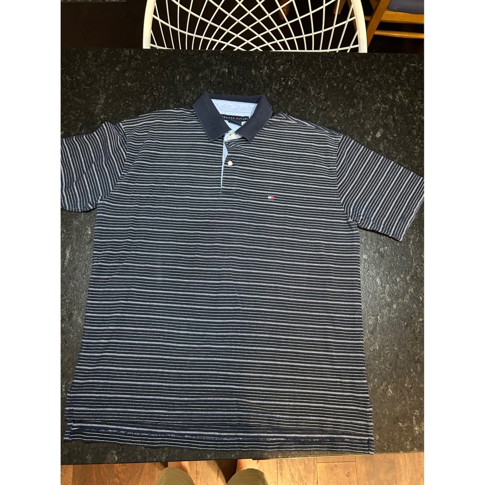 Tommy Hilfiger Mens XL Polo Navy Blue White‎ Striped Short Sleeve Cotton #113